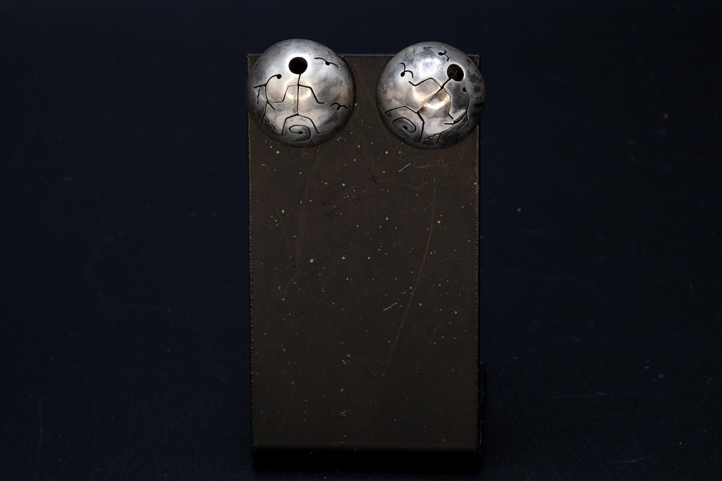 Large Round Stud Earrings With A Tribal Inspired Shadowbox Motif, Modernist Jewelry Desings, 925 Sterling Silver Fashion Accessories