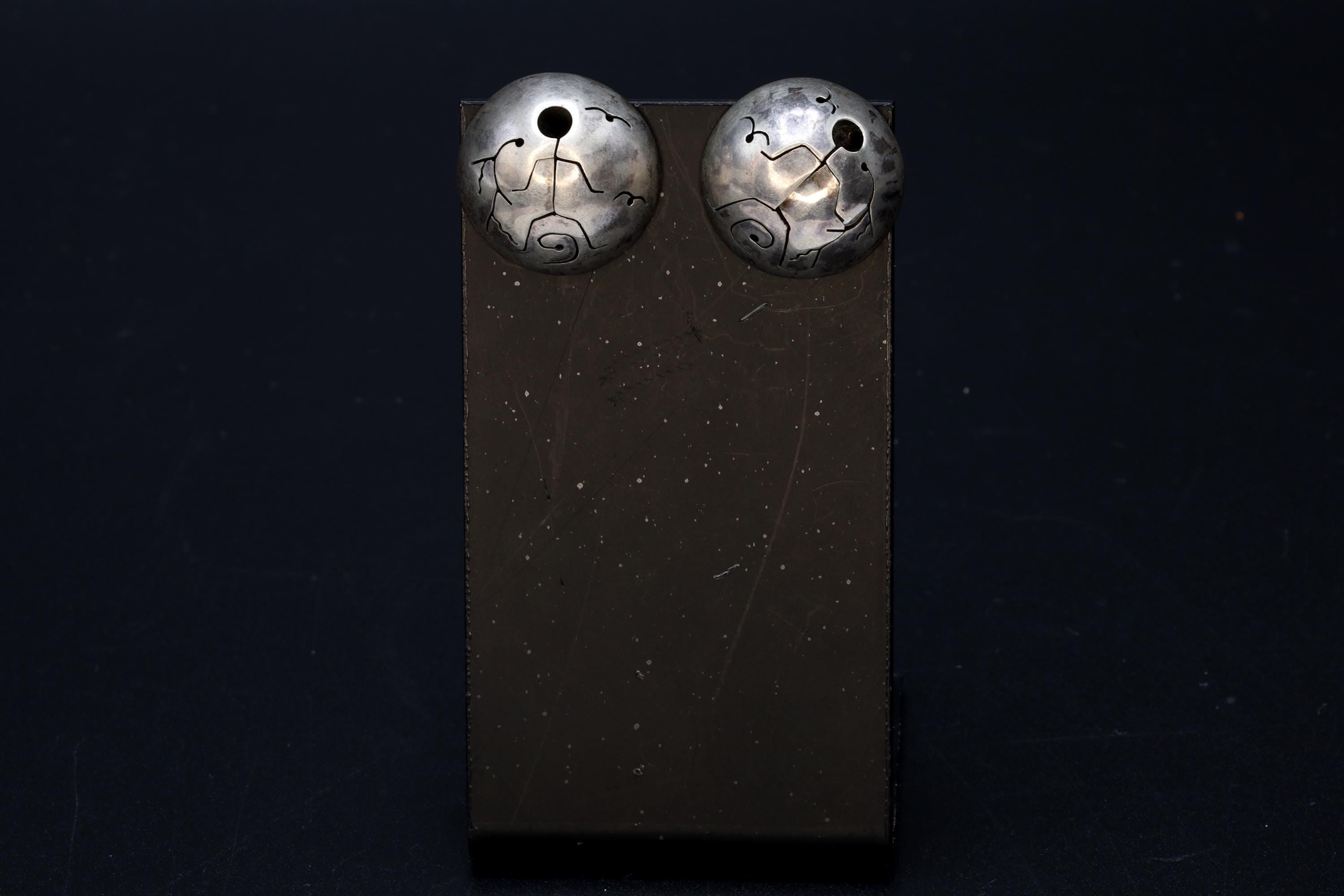 Large Round Stud Earrings With A Tribal Inspired Shadowbox Motif, Modernist Jewelry Desings, 925 Sterling Silver Fashion Accessories