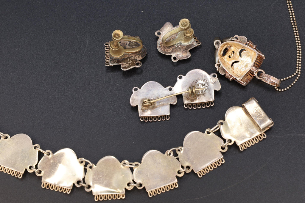 Taxco Mexico Jewelry Set, Pendant Necklace, Brooch, Bracelet, Earrings, Warrior Aztec Mask In Art Deco Style, Vintage 1940s Sterling Silver