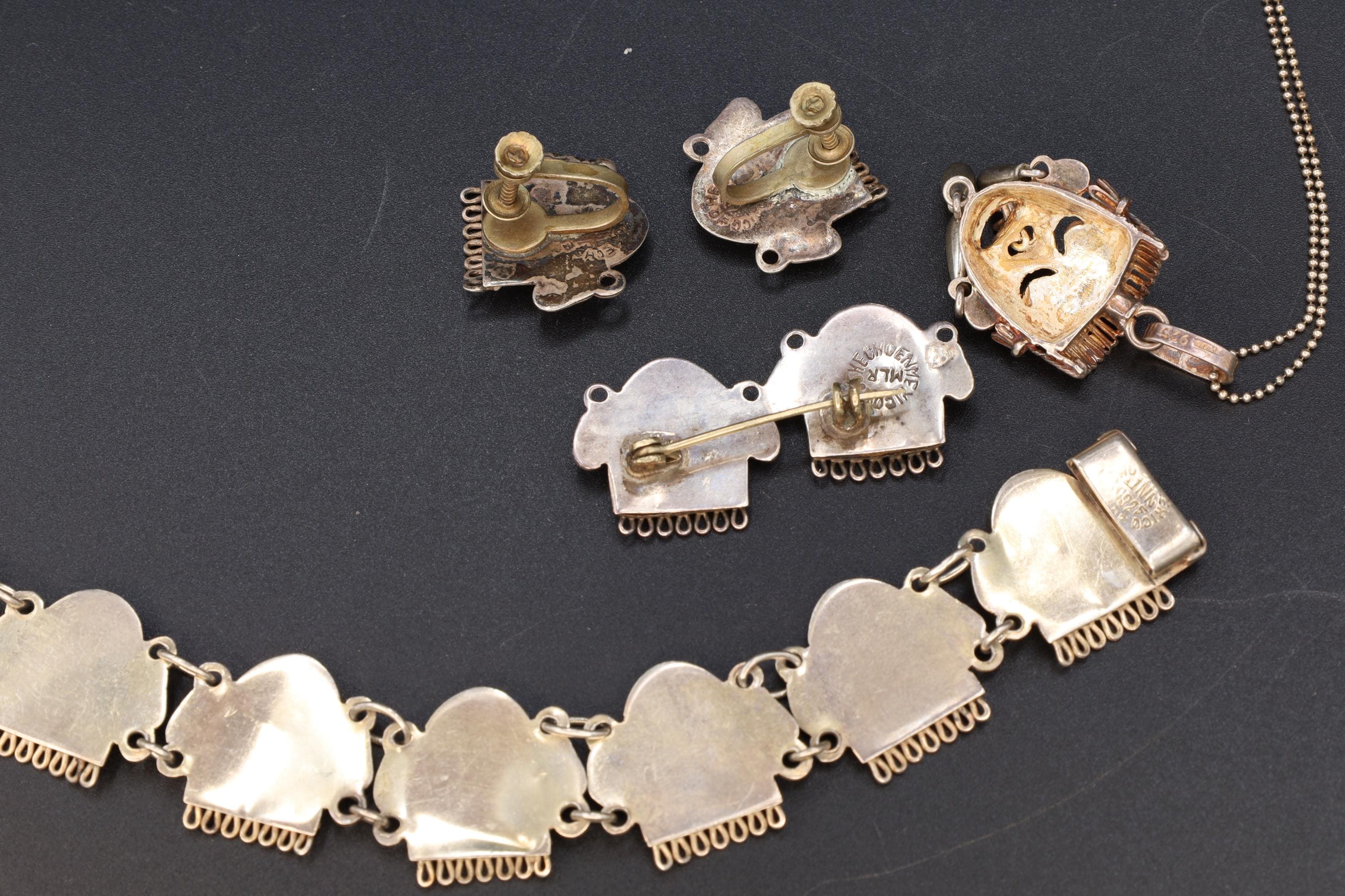 Taxco Mexico Jewelry Set, Pendant Necklace, Brooch, Bracelet, Earrings, Warrior Aztec Mask In Art Deco Style, Vintage 1940s Sterling Silver