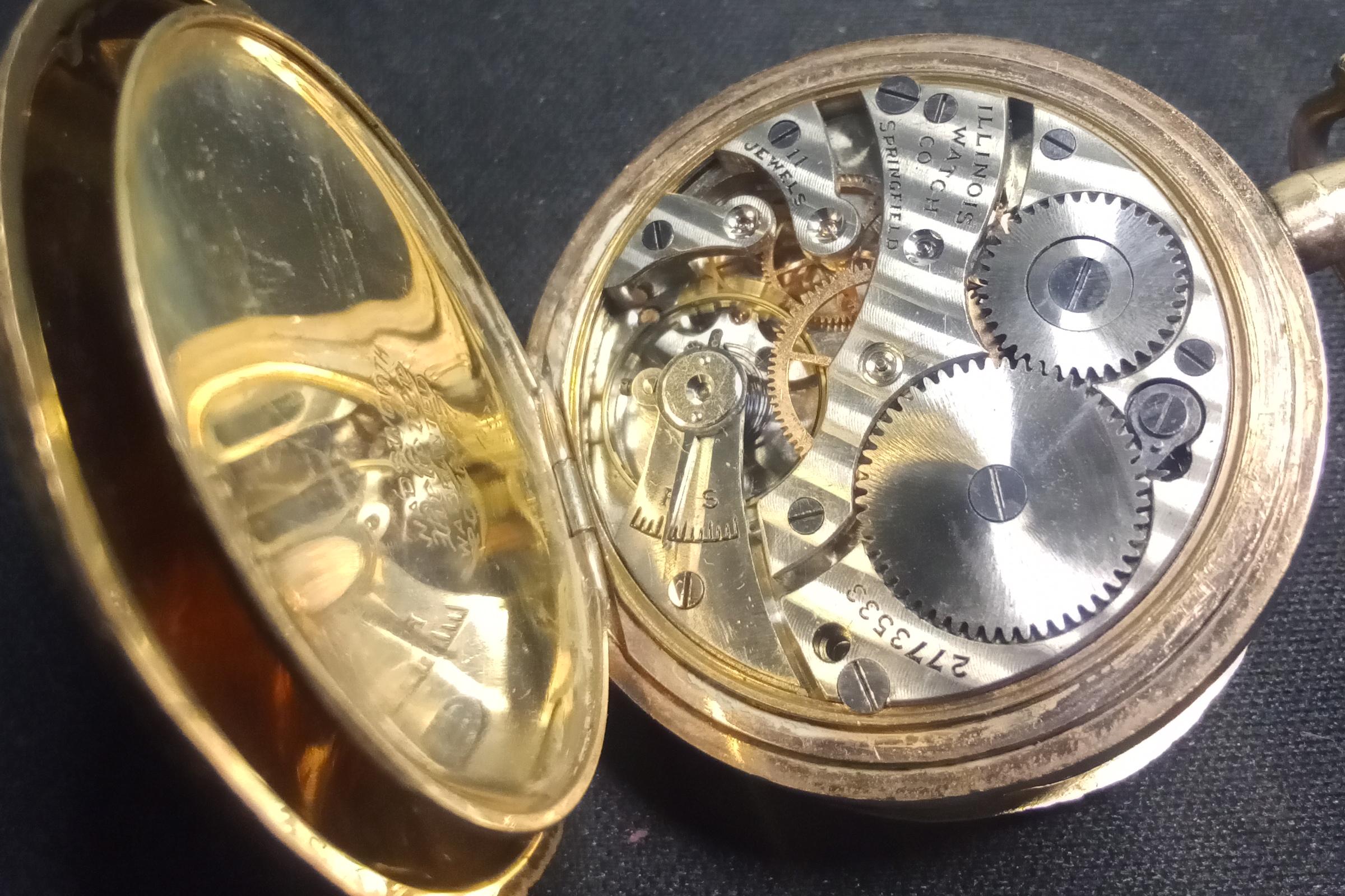 Antique Hunting 1915 Illinois Pocket Watch, Serial 2773533 Grade 201, WORKING Springfield 11 Jewels, Wadsworth Referee Case