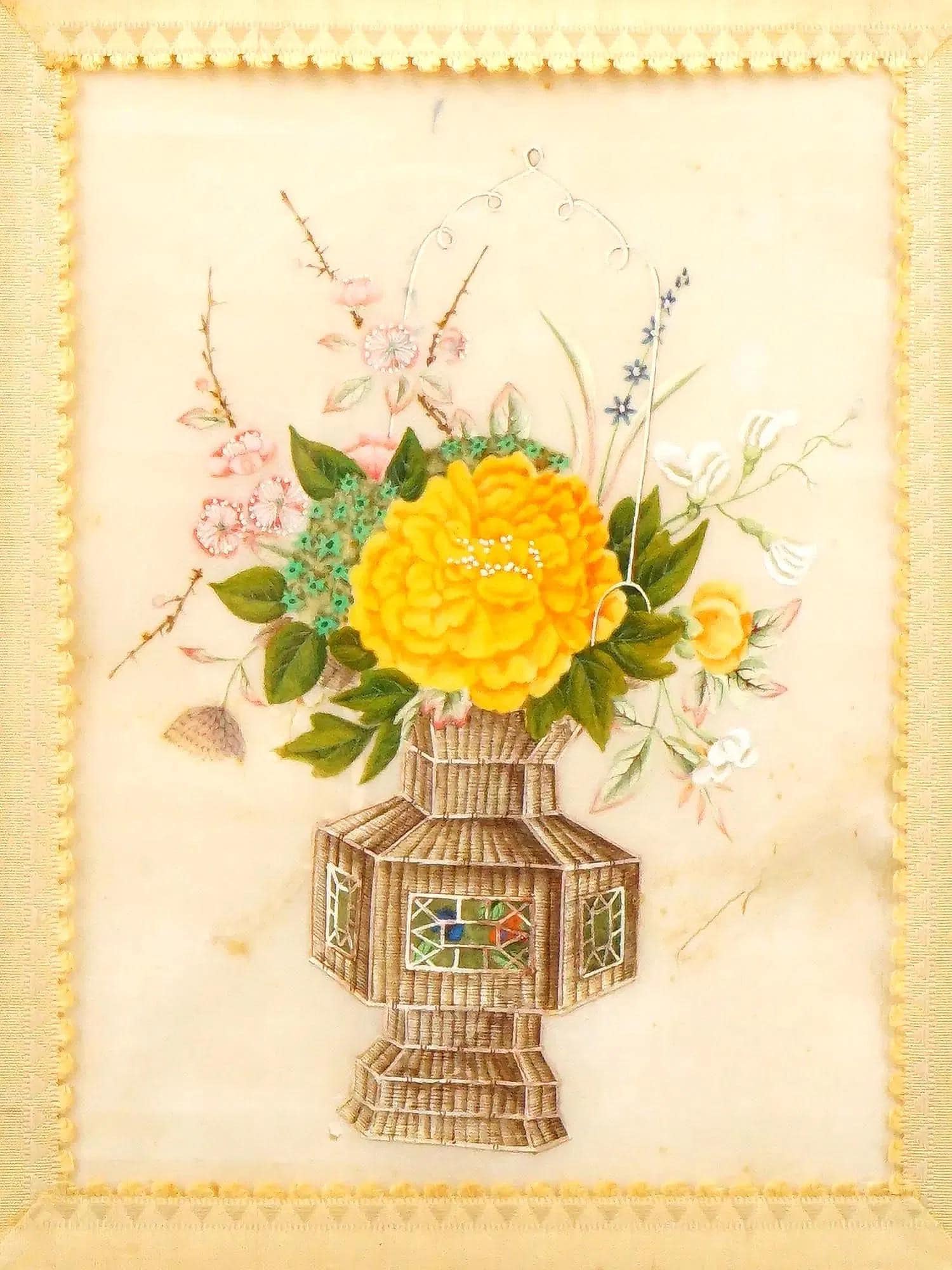 Antique 19th Century Imperial China Qing Dynasty Artwork, Chrysanthemum Flowers, Painting In Rice Paper, Oriental Art Collectibles
