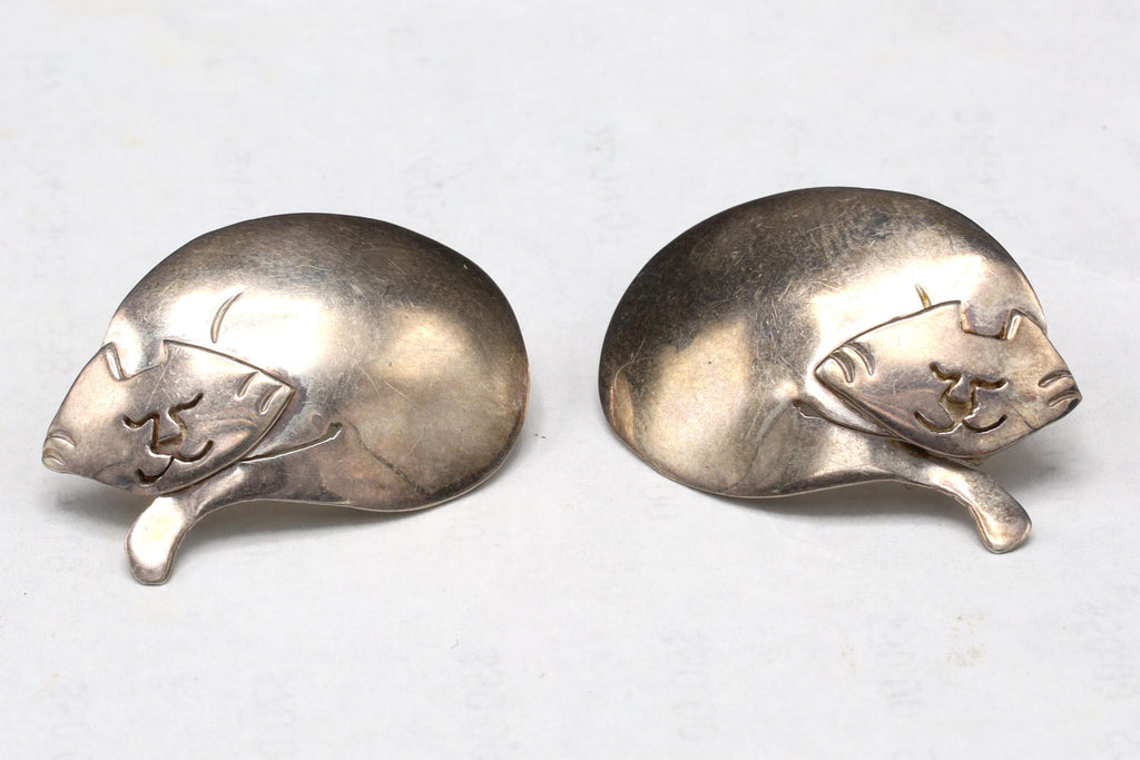 Vintage 1980s Sleeping Cats Stud Earrings, PKL 925 Sterling Silver Hallmark, American Large Studs, Womens Jewelry, Kitten Animal Figural Art
