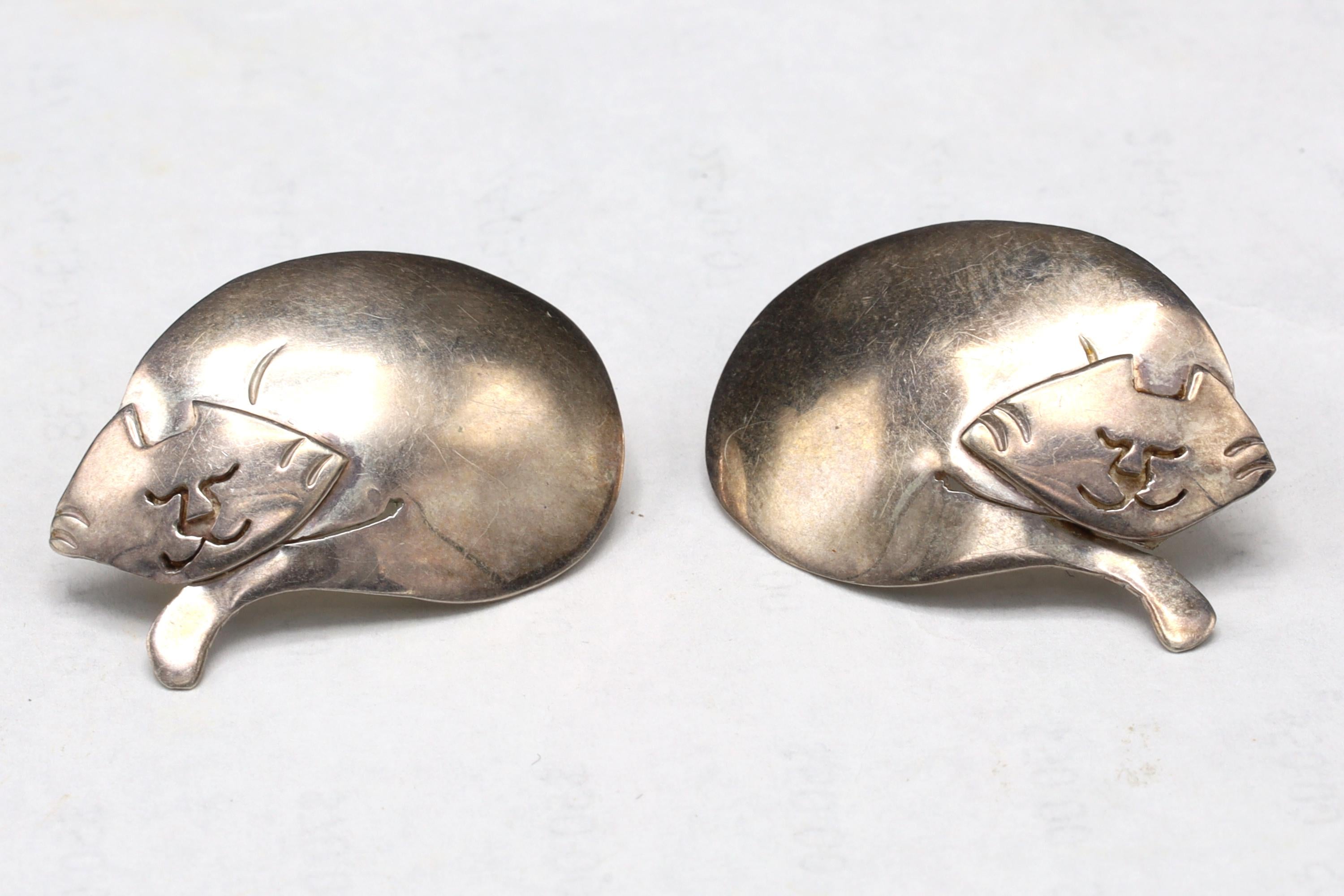 Vintage 1980s Sleeping Cats Stud Earrings, PKL 925 Sterling Silver Hallmark, American Large Studs, Womens Jewelry, Kitten Animal Figural Art