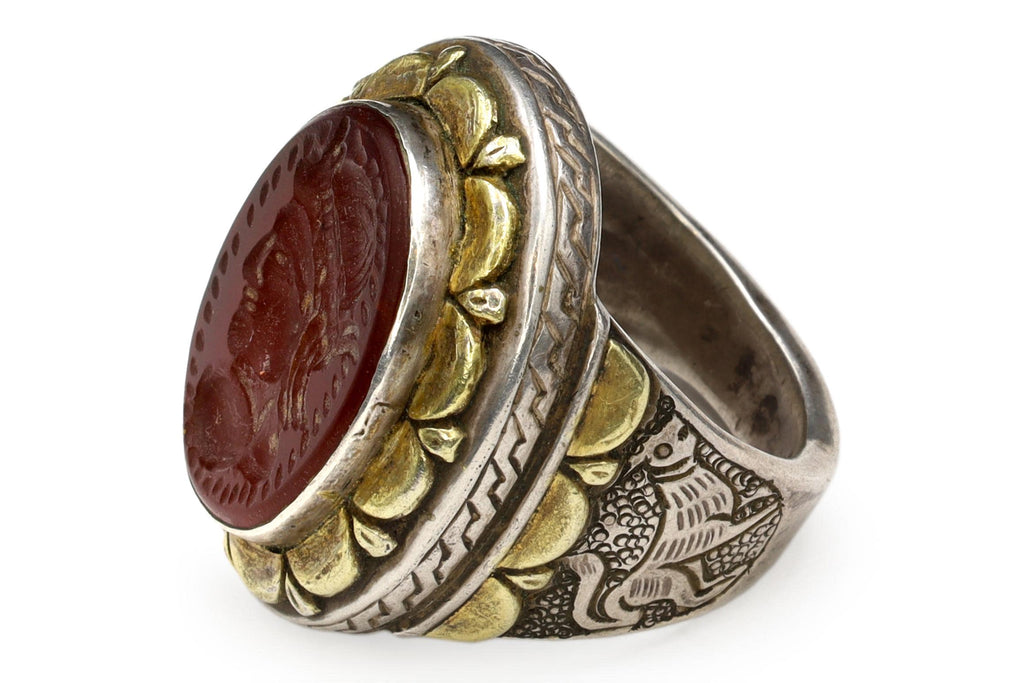 Carnelian Intaglio Cameo, Silver And Gold Ring Size 10, Mens Jewelry From The Middle East Around Late 19th Century, Folk Antiques Art