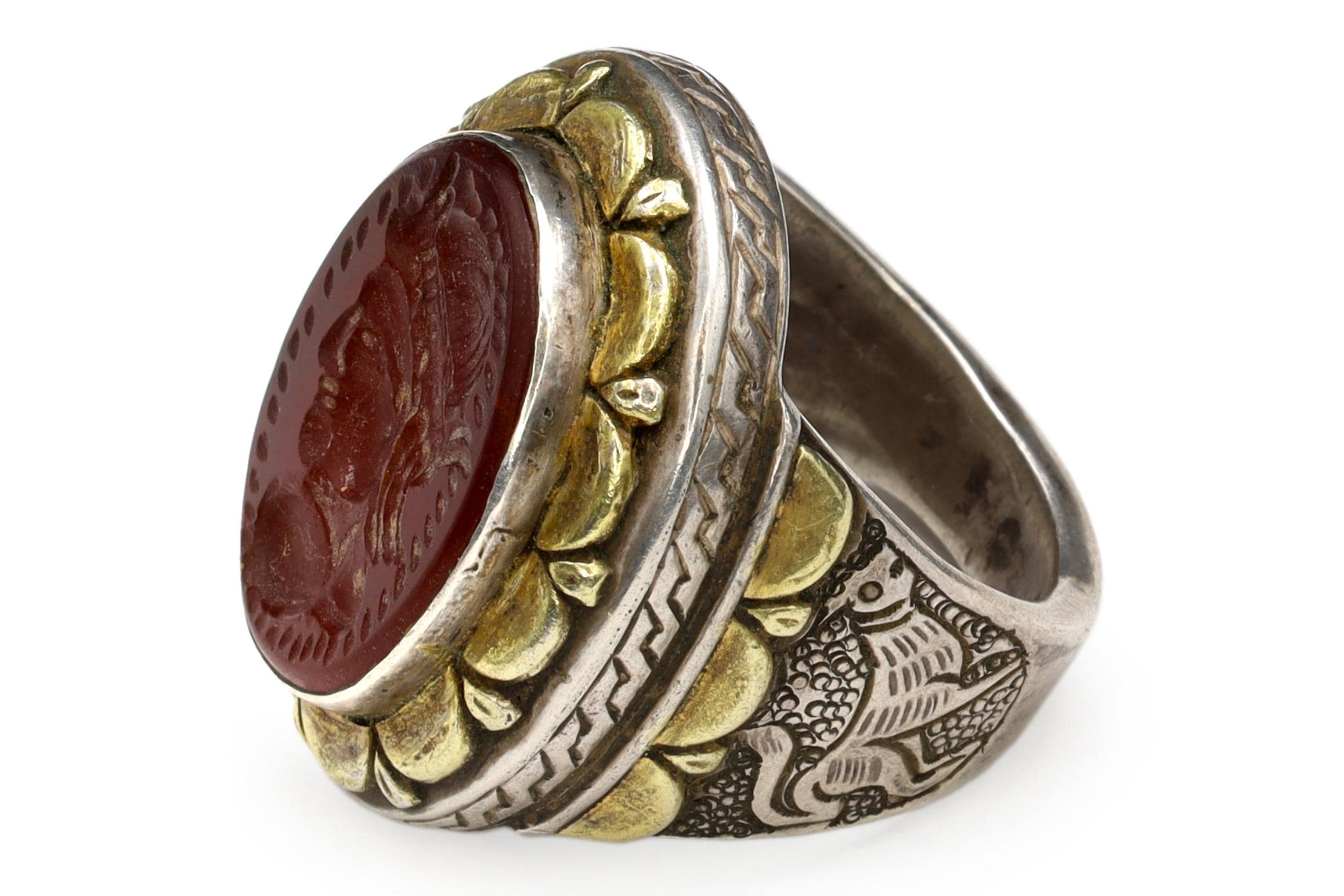 Carnelian Intaglio Cameo, Silver And Gold Ring Size 10, Mens Jewelry From The Middle East Around Late 19th Century, Folk Antiques Art