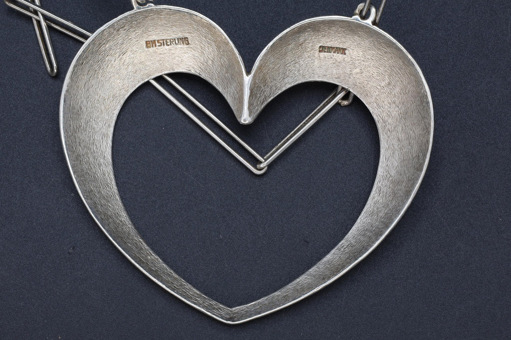 Bernhard Hertz Jewelry, Vintage Mid Century Modernist HEART Pendant Necklace With Handmade Slim Clip Chain, 925 Sterling Silver, Denmark