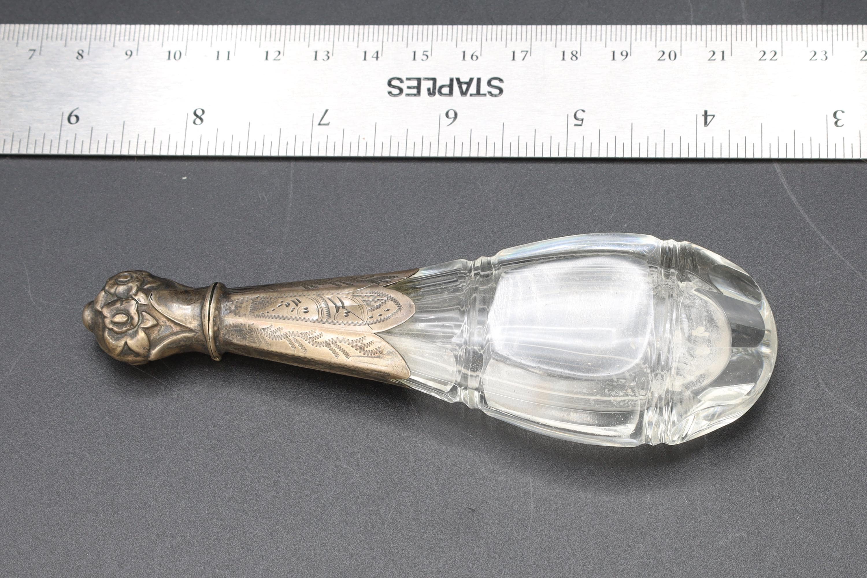 Dutch 19th Century Victorian Lay Down Perfume Bottle, Carved Crystal And Continental 835 Silver, Antique Vanity Collectibles, Netherlands