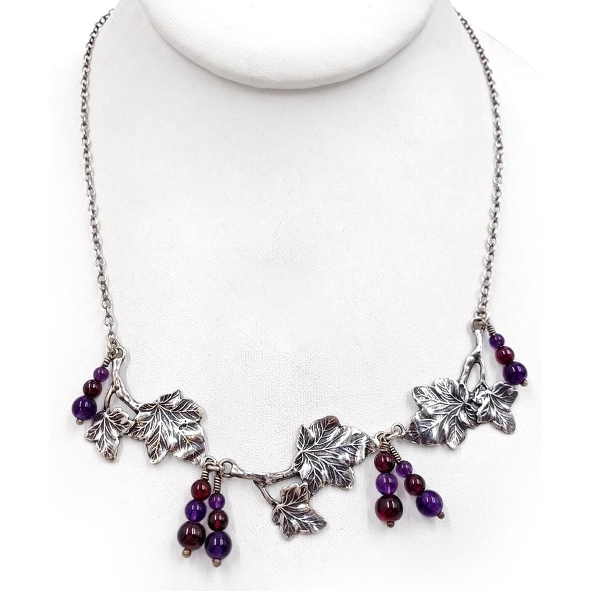 Vintage Wedding Necklace, Sterling Silver And Amethyst Garnet Beads, Grape Vine Design, Round Graduated Beads, Fashion Accessories