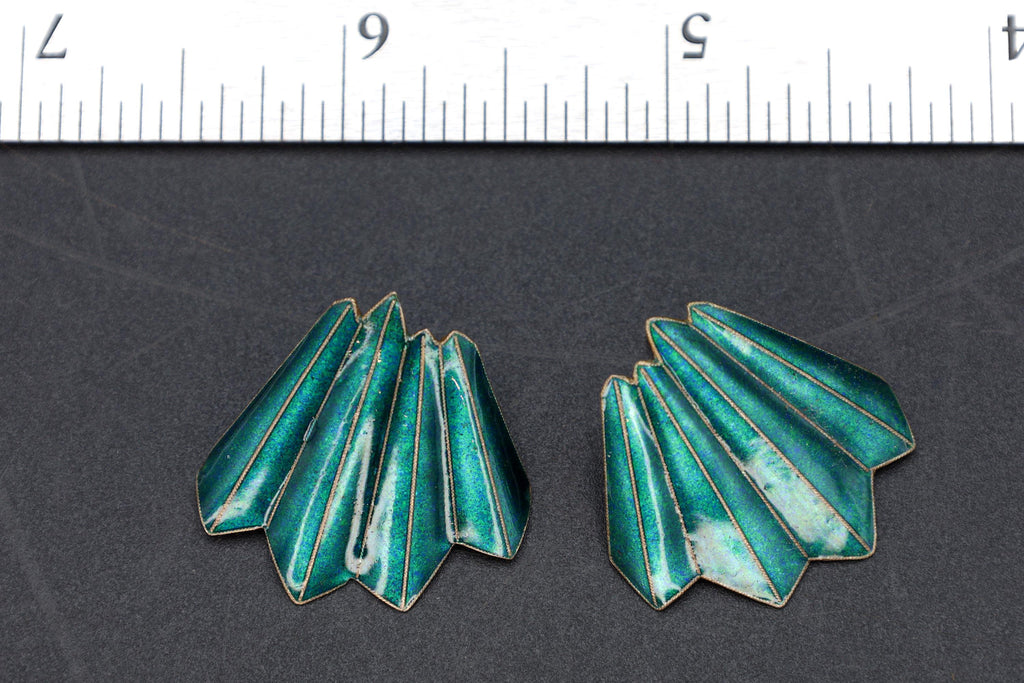 Large Stud Earrings, Green Enamel On Gold Gilt Vermeil Silver, Origami Modernist Design, Vintage Fashion Accessories, Gift to her