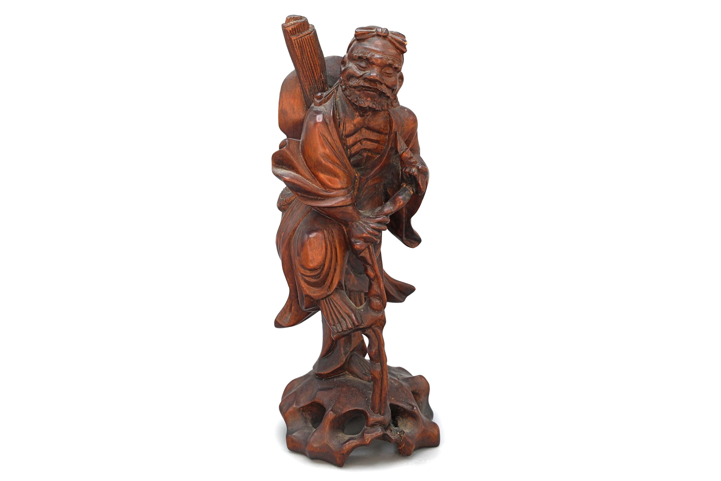 Antique Chinese Carved Wooden Statue Representing The Daoist Immortal Li Tieguai, Beggar Leaning On A Crutch, Oriental Arts And Crafts