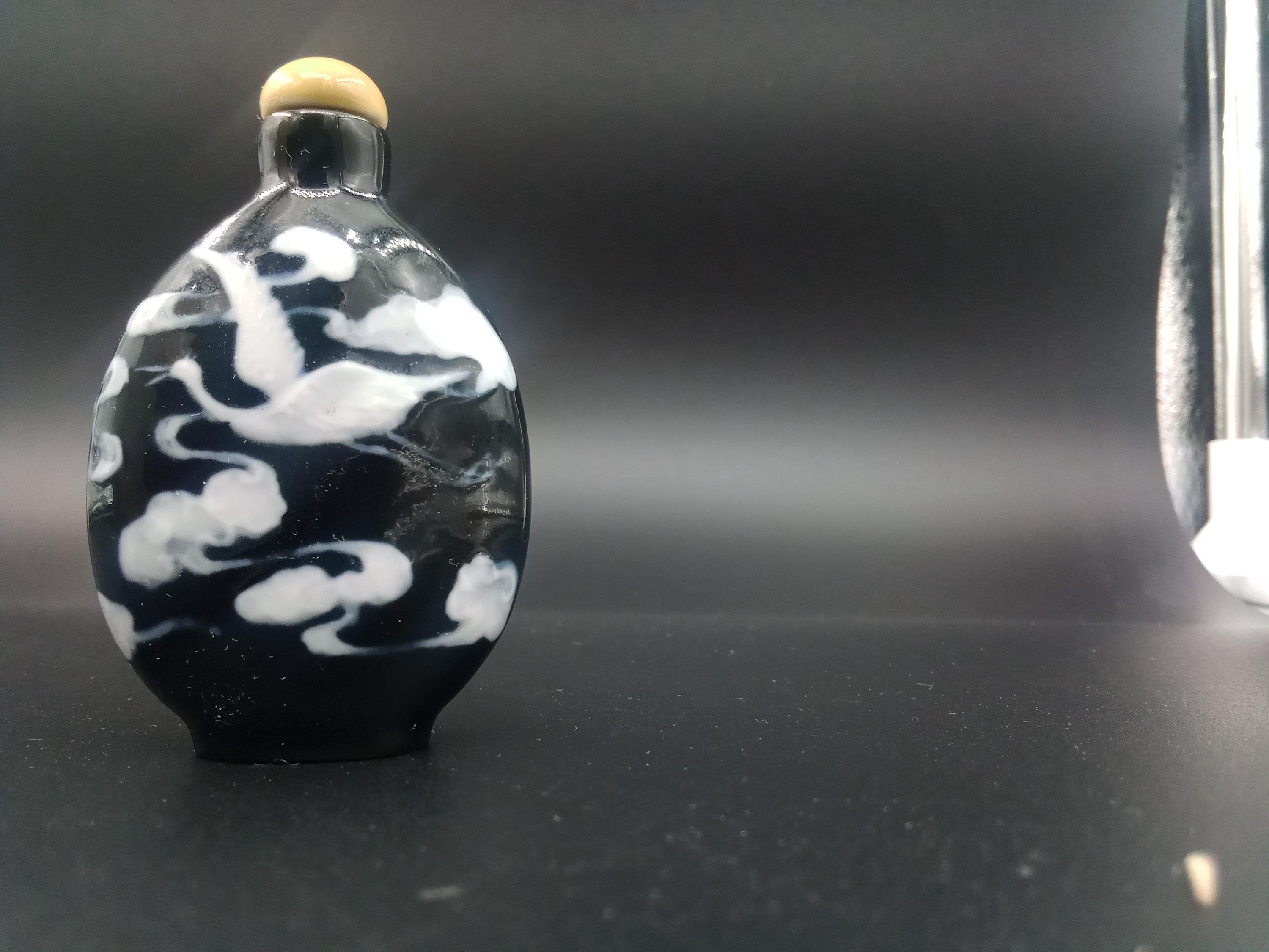Antique Mid 19th Century Snuff Bottle Black And White Peking Glass With Crane Birds, Good Luck, Asian Oriental Arts, Tobacciana