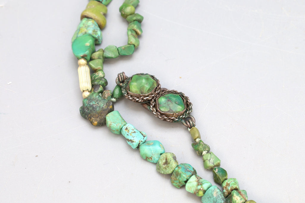 EXTRA LONG Vintage 1920s Chinese Exports Beaded Necklace, Green Turquoise And Sterling Silver, Gemstone Nuggets