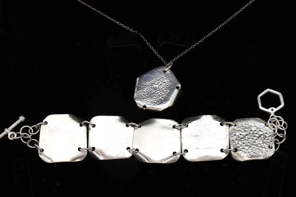 Elegant Brutalist Jewelry Set, 925 Sterling Silver And Foiled Glass Cabochons, Vintage Modernist Fashion