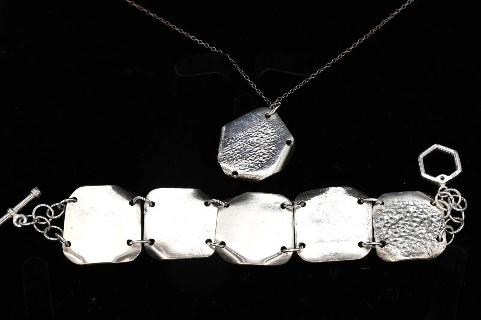 Elegant Brutalist Jewelry Set, 925 Sterling Silver And Foiled Glass Cabochons, Vintage Modernist Fashion