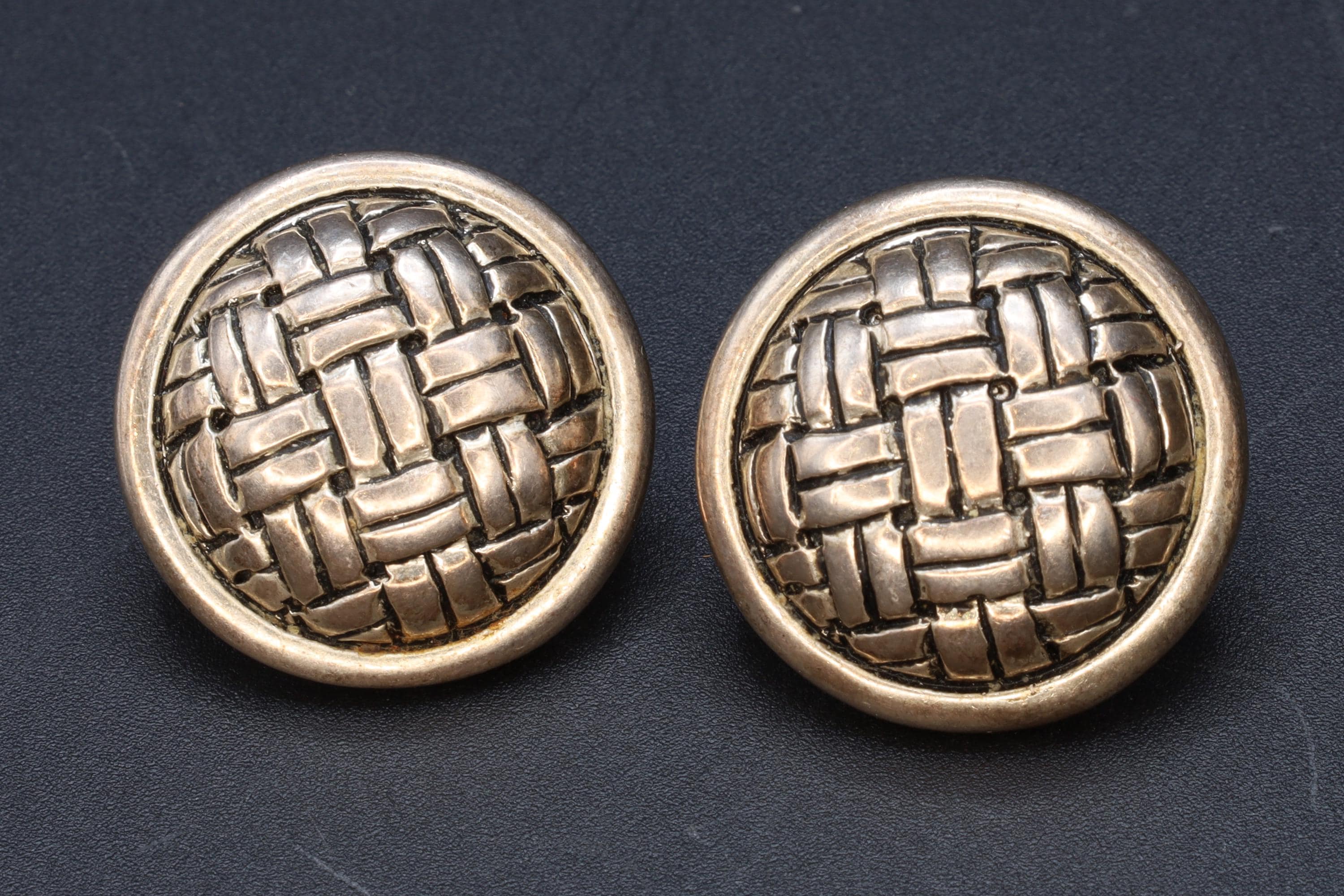 Large Round Studs, Woven Basket Earrings With Spiral Makers Hallmark, 925 Sterling Silver, Ribbon Knot, Retro Modernist Fashion Accessories