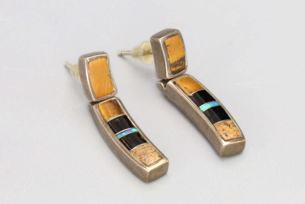 Vintage 1990s Multistone Mosaic Dangle Earrings, Zuni Native American Style Jewelry, 925 Sterling Silver And Jasper, Onyx, Opal