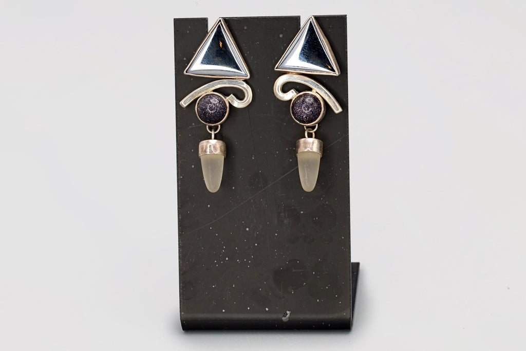 Vintage 1990s Postmodern Jewelry, Dangle Earrings, Sterling Silver, Hematite, Diachronic Glass And Quartz