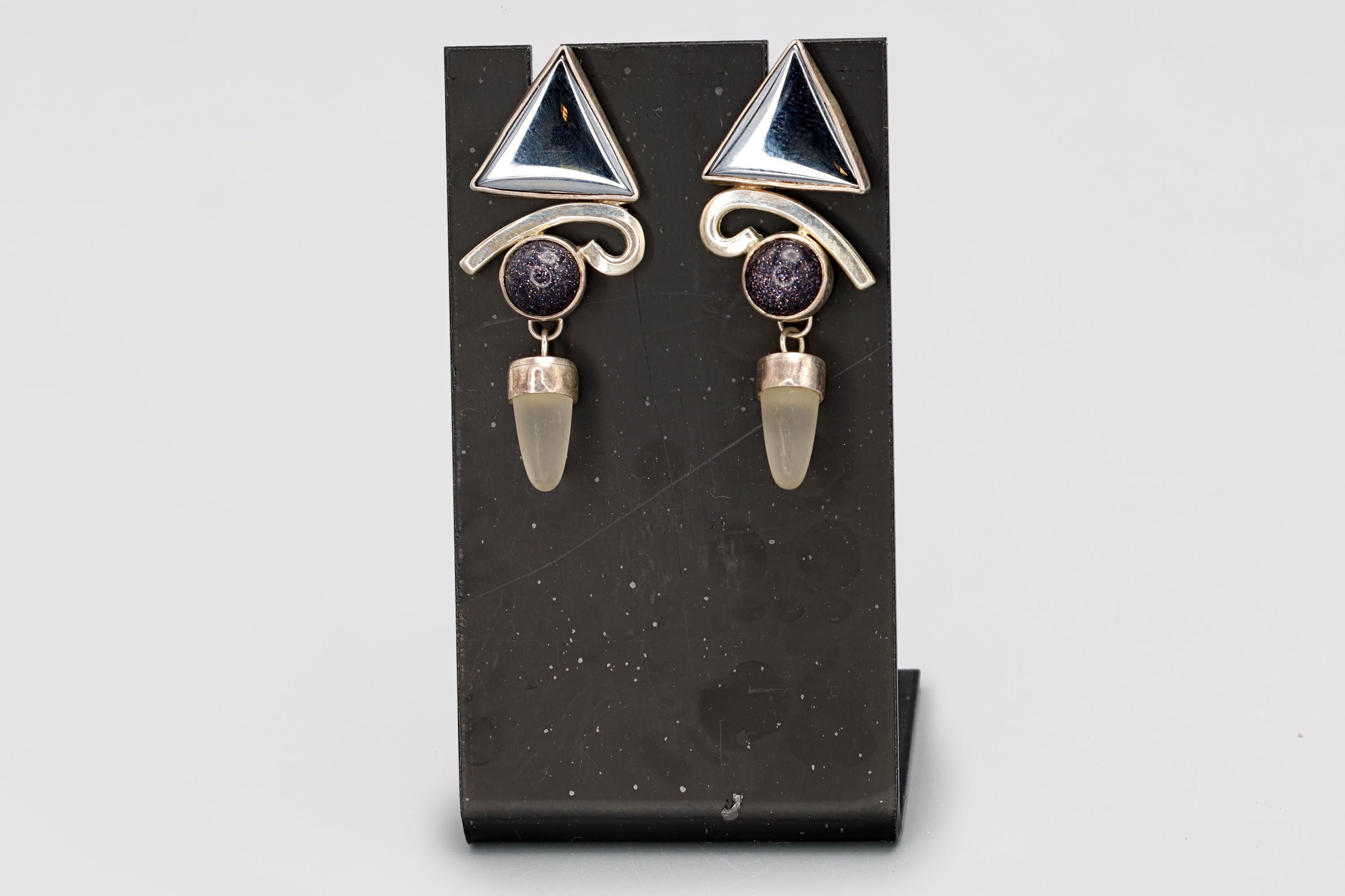 Vintage 1990s Postmodern Jewelry, Dangle Earrings, Sterling Silver, Hematite, Diachronic Glass And Quartz