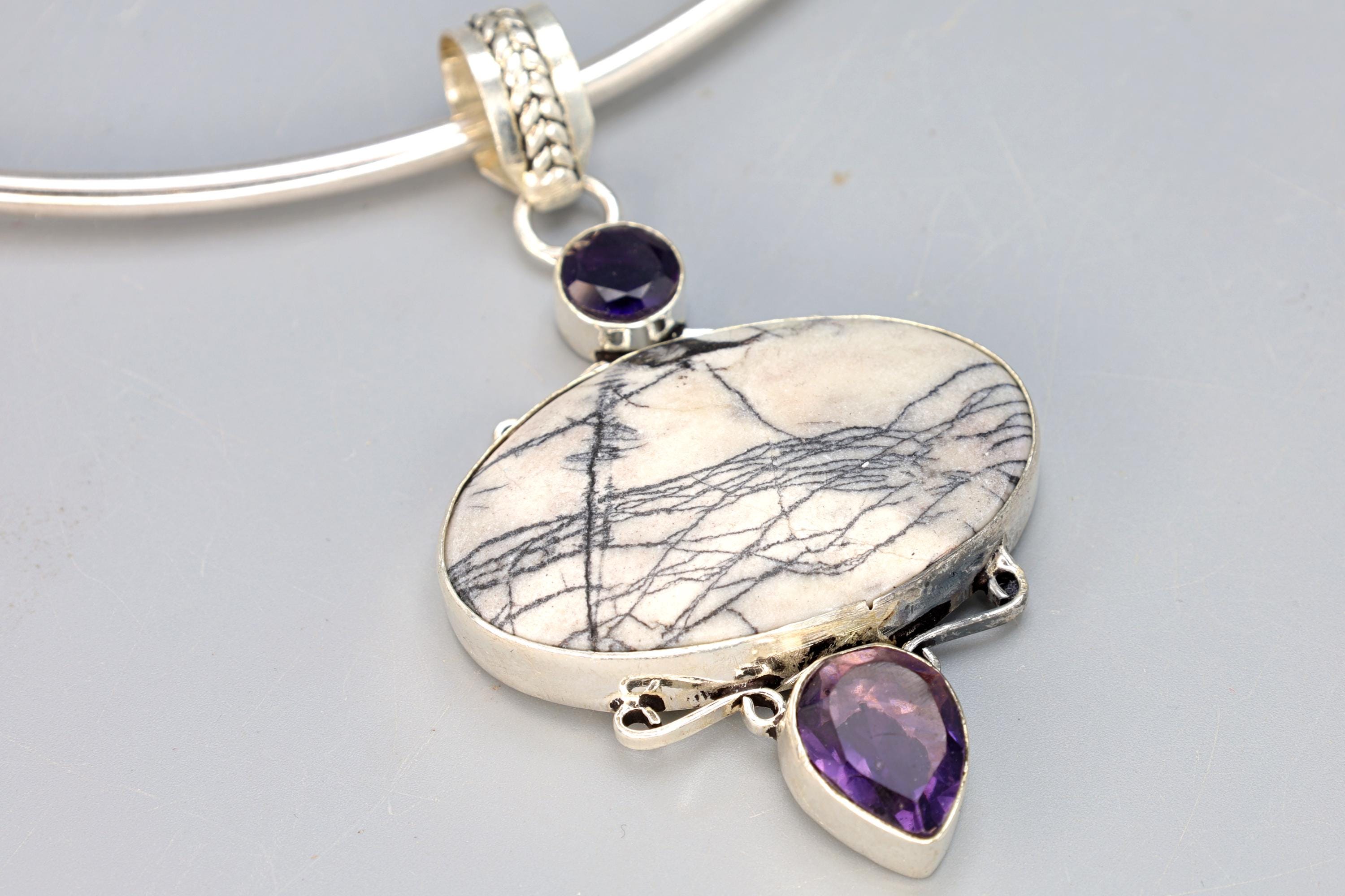 Vintage Collar Torc Necklace With A Multistone Pendant, 925 Sterling Silver, Faceted Amethyst Cabochons, White Jasper Howlite