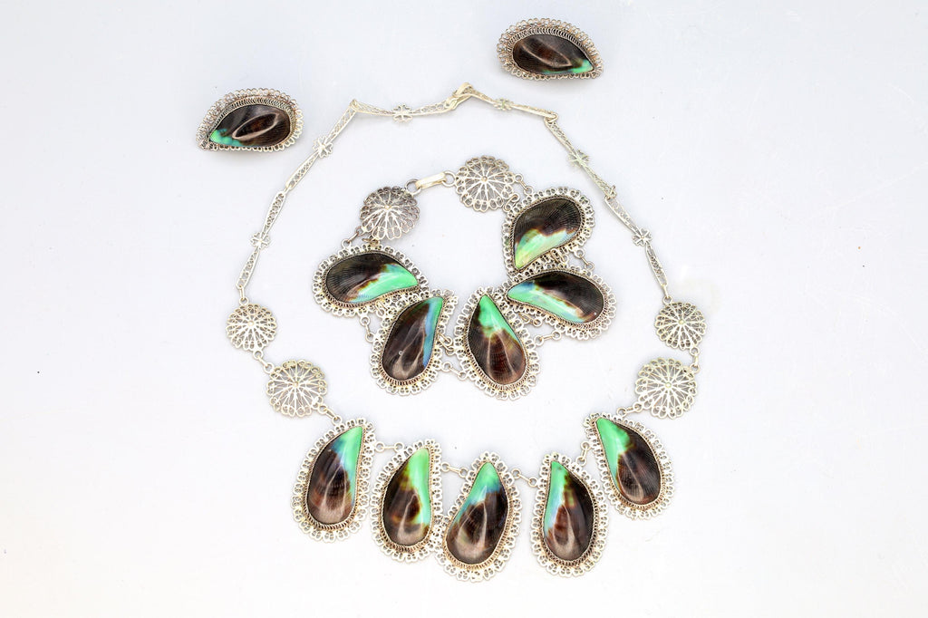 SUPER RARE, Art Deco Jewelry Set, Necklace, Bracelet And Earrings, Portuguese 800 Silver And Mussels Shells, Wirework Cannetille Ca 1930s