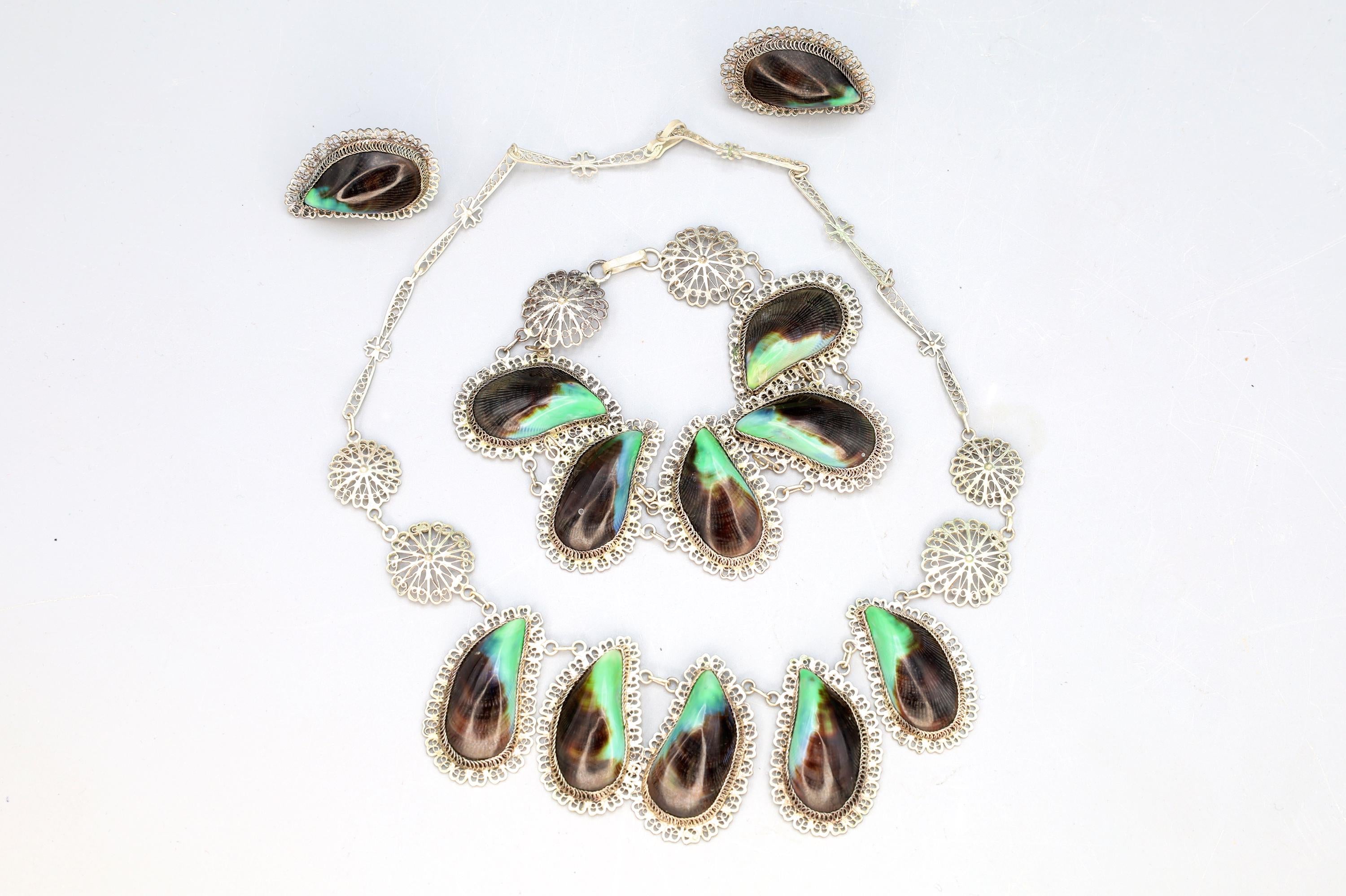 SUPER RARE, Art Deco Jewelry Set, Necklace, Bracelet And Earrings, Portuguese 800 Silver And Mussels Shells, Wirework Cannetille Ca 1930s