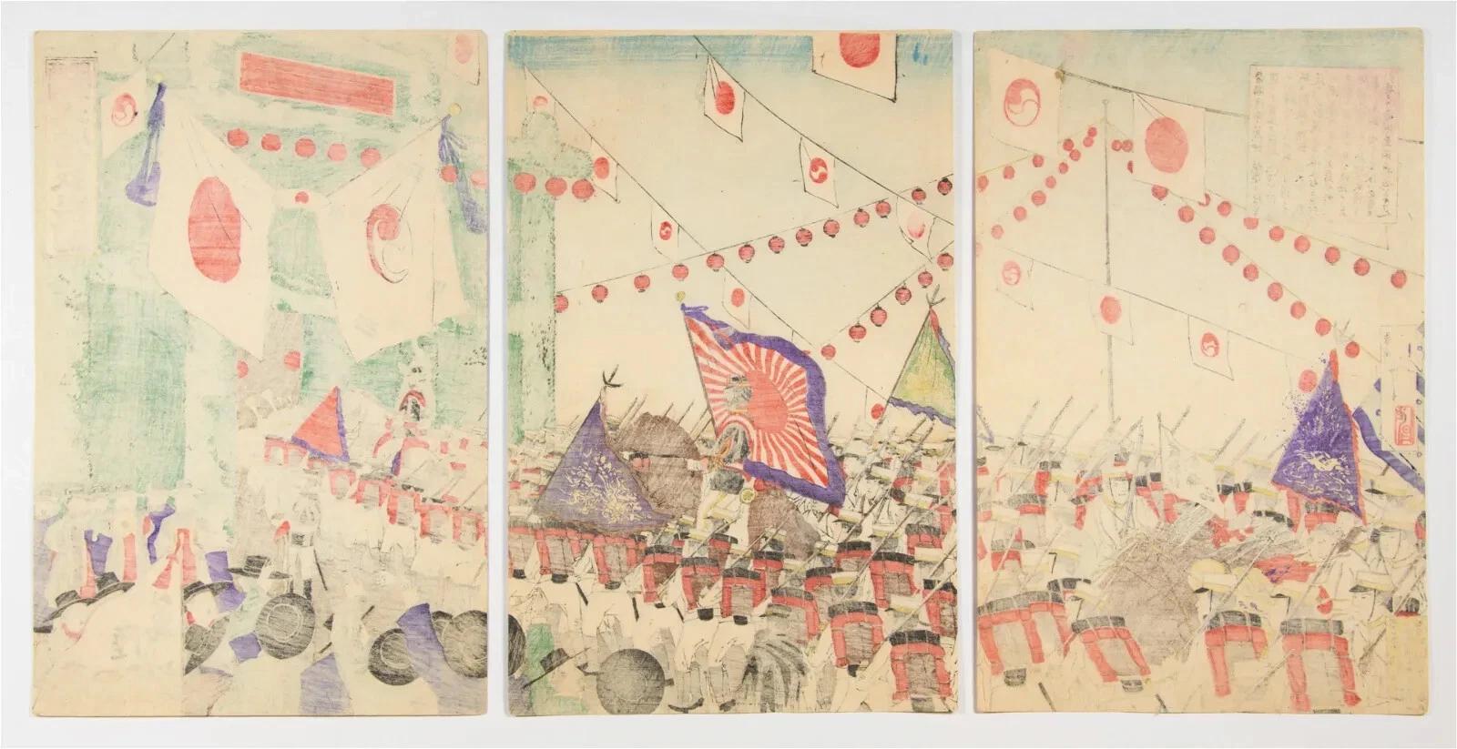 Japan 1894 Meiji Era Woodblock Print By Toshimasa Eda, First Sino Japanese War Illustration IN A Triptych Composition, Asian Oriental Art