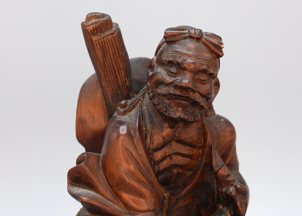 Antique Chinese Carved Wooden Statue Representing The Daoist Immortal Li Tieguai, Beggar Leaning On A Crutch, Oriental Arts And Crafts