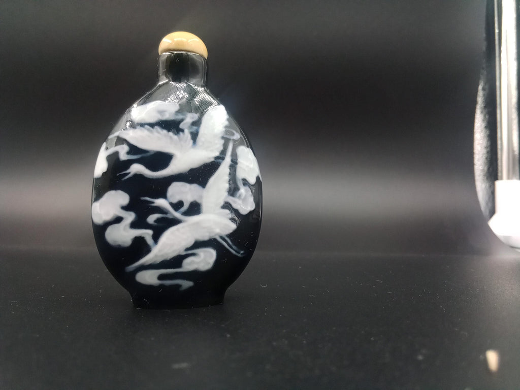 Antique Mid 19th Century Snuff Bottle Black And White Peking Glass With Crane Birds, Good Luck, Asian Oriental Arts, Tobacciana
