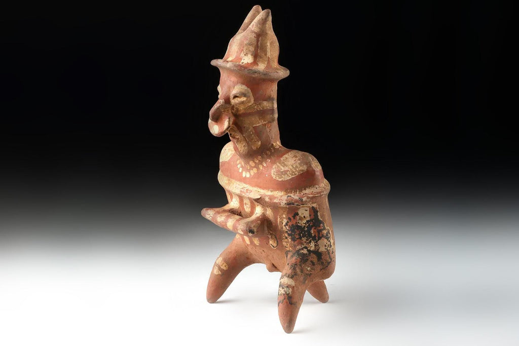 Ancient Pre Columbian Nayarit Pottery Seated Male Warrior Holding Chief’s Baton 300 BCE to 300 AD, West Mexico, Mesoamerican Tomb Burial Art