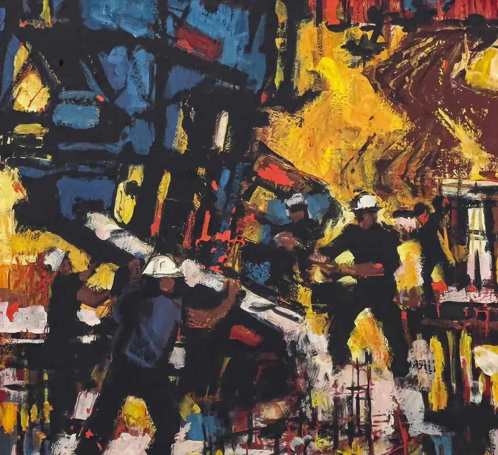 Construction Workers, Small Format Oil Painting Attributed To James Kelly, Retro Mid Century Americana Art And Decor, Expressionist Artworks