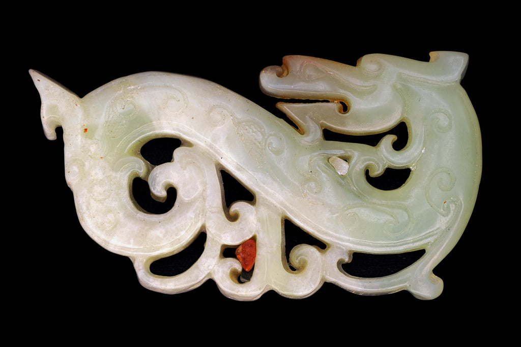 1990s Oriental Slab Pendant With Celestial Dragon, Hand Carved Jadeite LIKE Stone, Chinese Zodiac, Feng Shui, Good Luck Amulets Jewelry