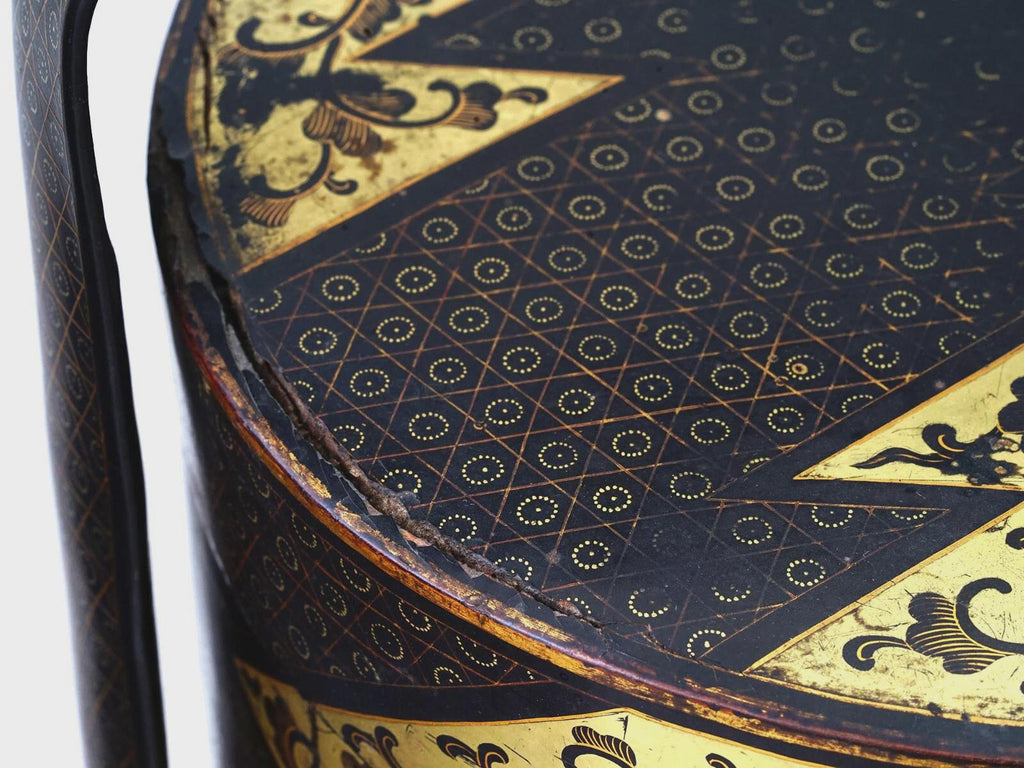 Antique 1900s Japan Meiji Bento Lacquer Wooden Box With Three Tiers, Black And Gold, Storage Hamper With Top Lid, Dry Food Nuts Container