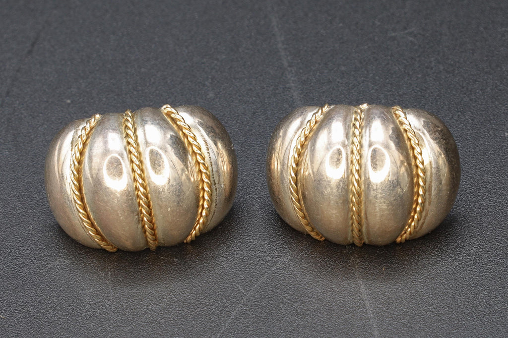 Brutalist Stud Earrings With An Oval Concave Design And Gilt Twisted Rope Accents, Retro 1990s Fashion Accessories, Womens Jewelry