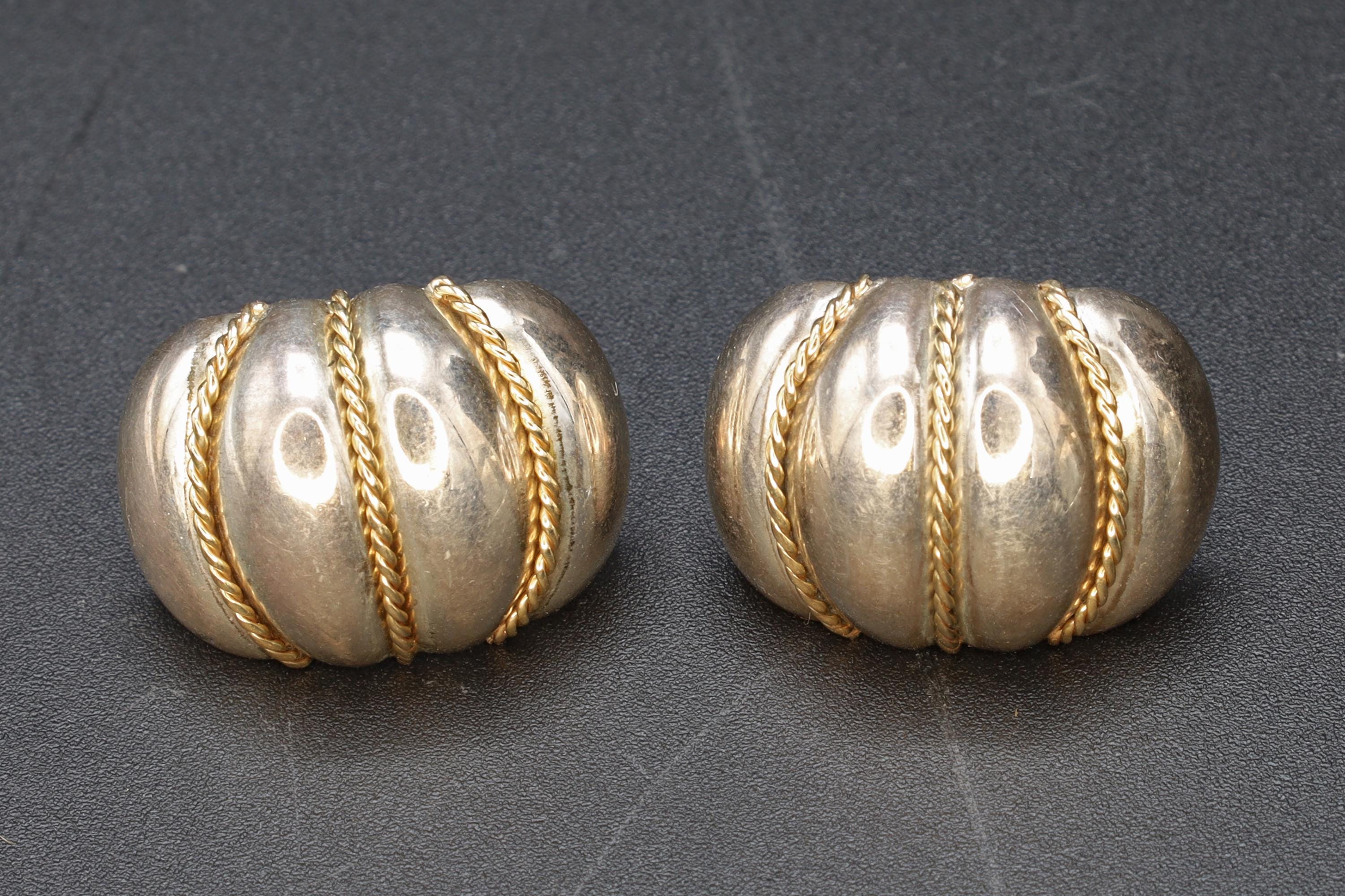 Brutalist Stud Earrings With An Oval Concave Design And Gilt Twisted Rope Accents, Retro 1990s Fashion Accessories, Womens Jewelry