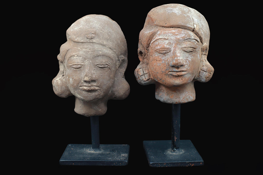 Majapahit Terracotta Heads, A Pair Of Female Sculptures On Metal Stands, East Java, Indonesia, Ethnic Southeast Asia Home Decoration Accents