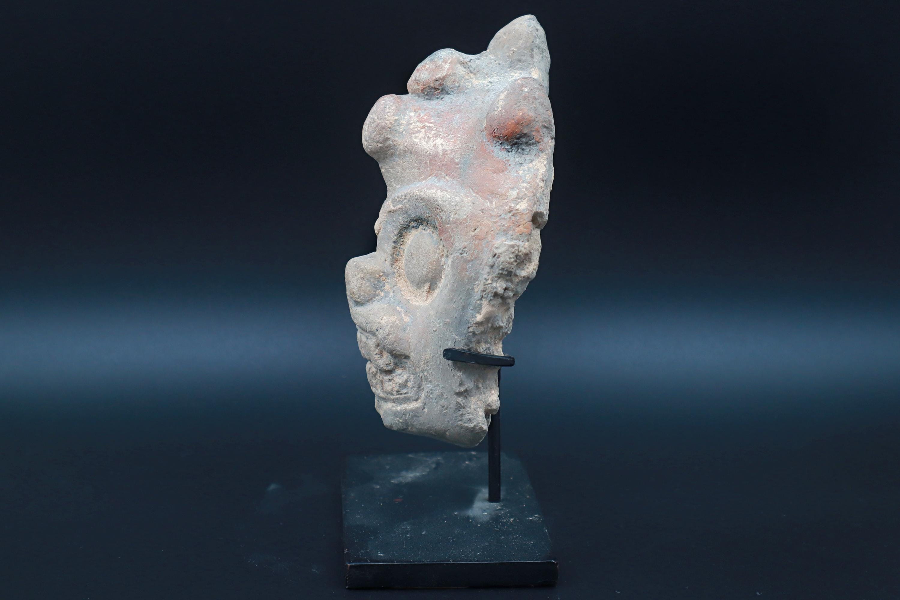 Maya Jaguar Head Applique, PreColumbian Ceramic Figurine, Mayan Ek Balam Classic Period 500 to 900 AD, Prehispanic Mexico Antiquities Art
