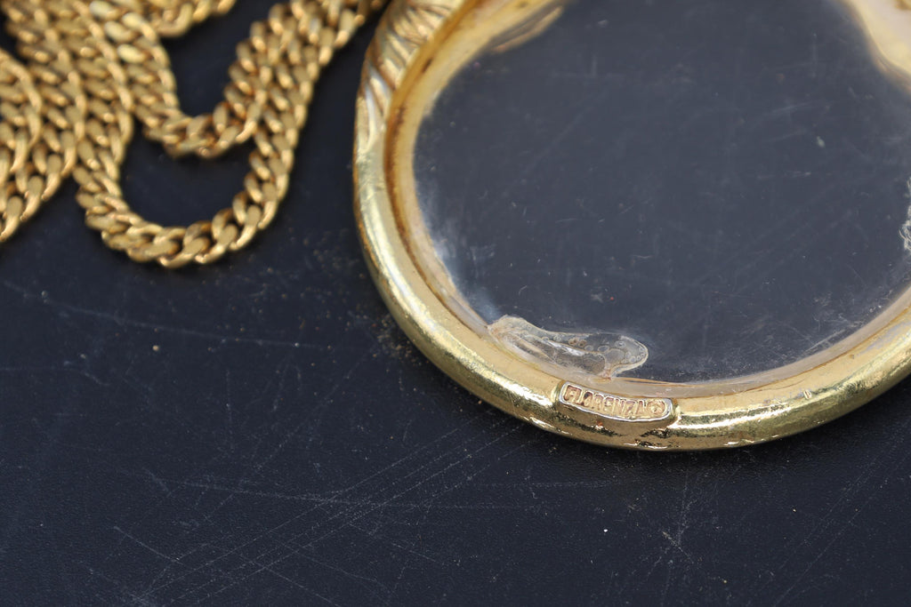 Florenza Magnifier Glass Pendant Necklace With Two Stallion Horses, Vintage 1980s Jewelry, Gold Tone Custome Jewelry, Womens Fashion
