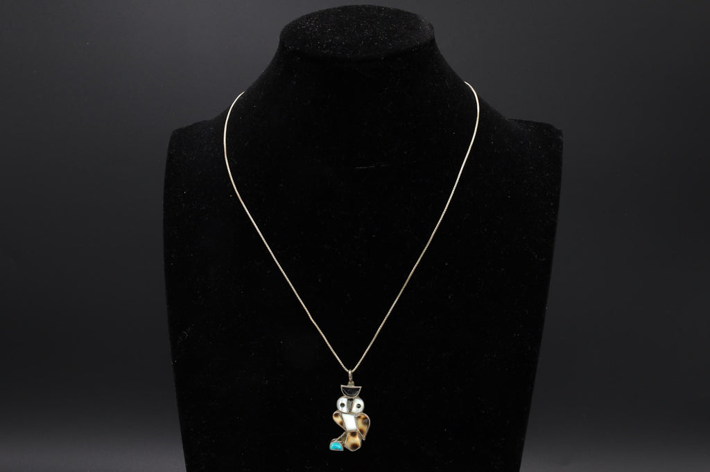 Zuni Owl Bird Pendant Necklace, Mosaic Multistone Inlay, Turquoise, MOP, Onyx On Sterling Silver, Native American Fashion Accessories