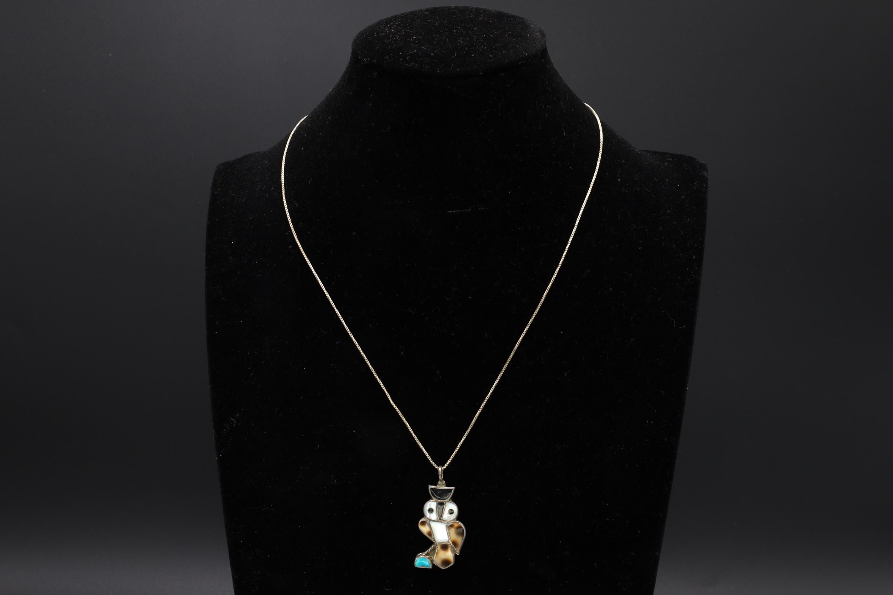 Zuni Owl Bird Pendant Necklace, Mosaic Multistone Inlay, Turquoise, MOP, Onyx On Sterling Silver, Native American Fashion Accessories