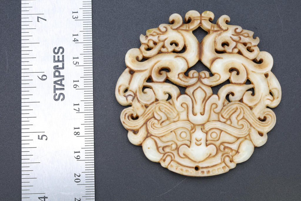 Chinese Round Amulet, Carved Stone Taotie Face Mythological Animals, Round Pendant Two Sided Dragons, Feng Shui, Oriental Asian Accessories