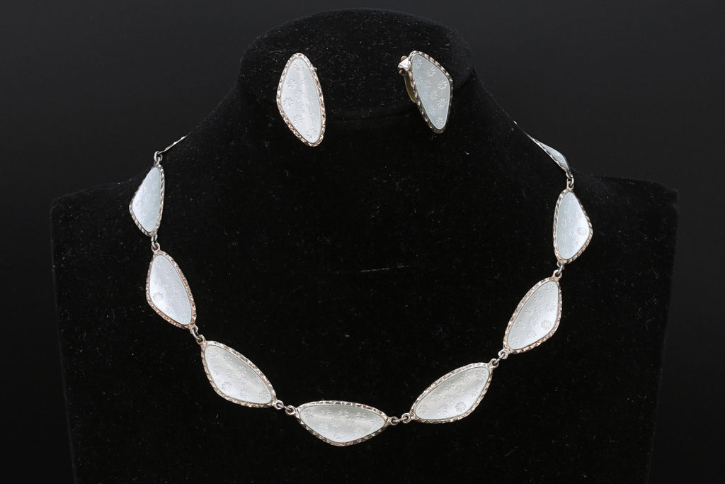 Andresen Scheinpflug, Vintage Modernist Jewelry Set, White Enamel And 925 Sterling Silver, Oval Ear Panel Links, Norway Scandinavian Fashion