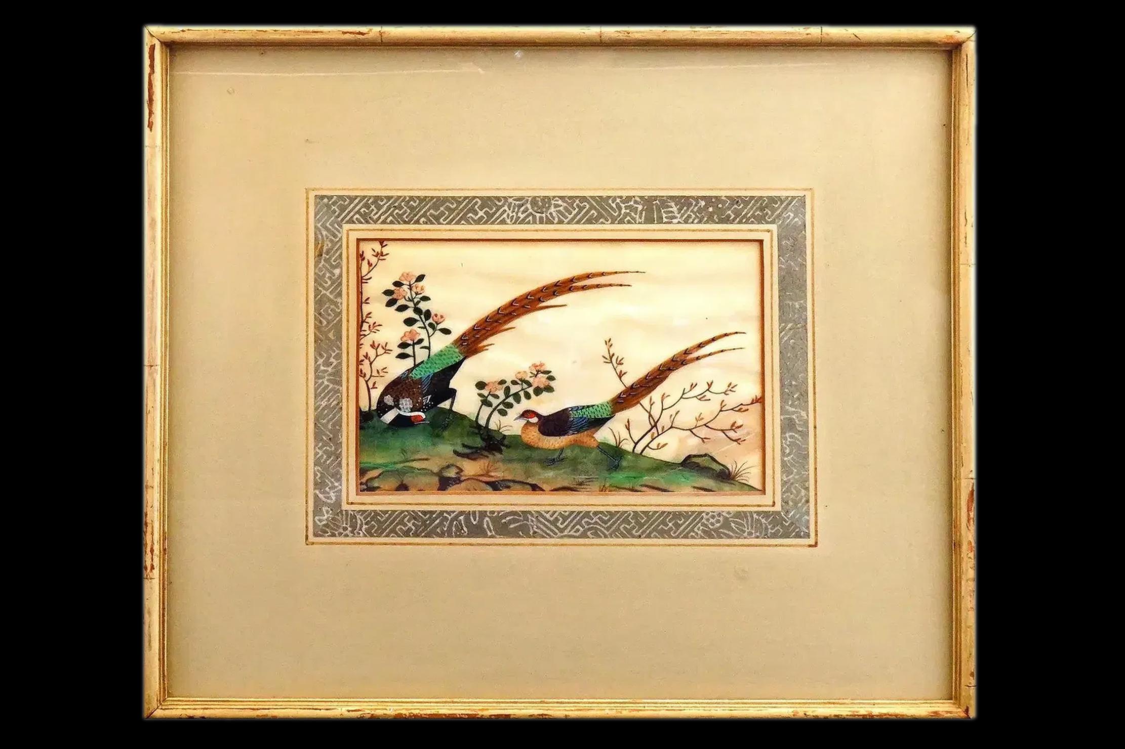 Antique 19th Century Imperial China Qing Dynasty Artwork, Pheasants Birds In A Garden, Painting In Rice Paper, Oriental Art Collectibles