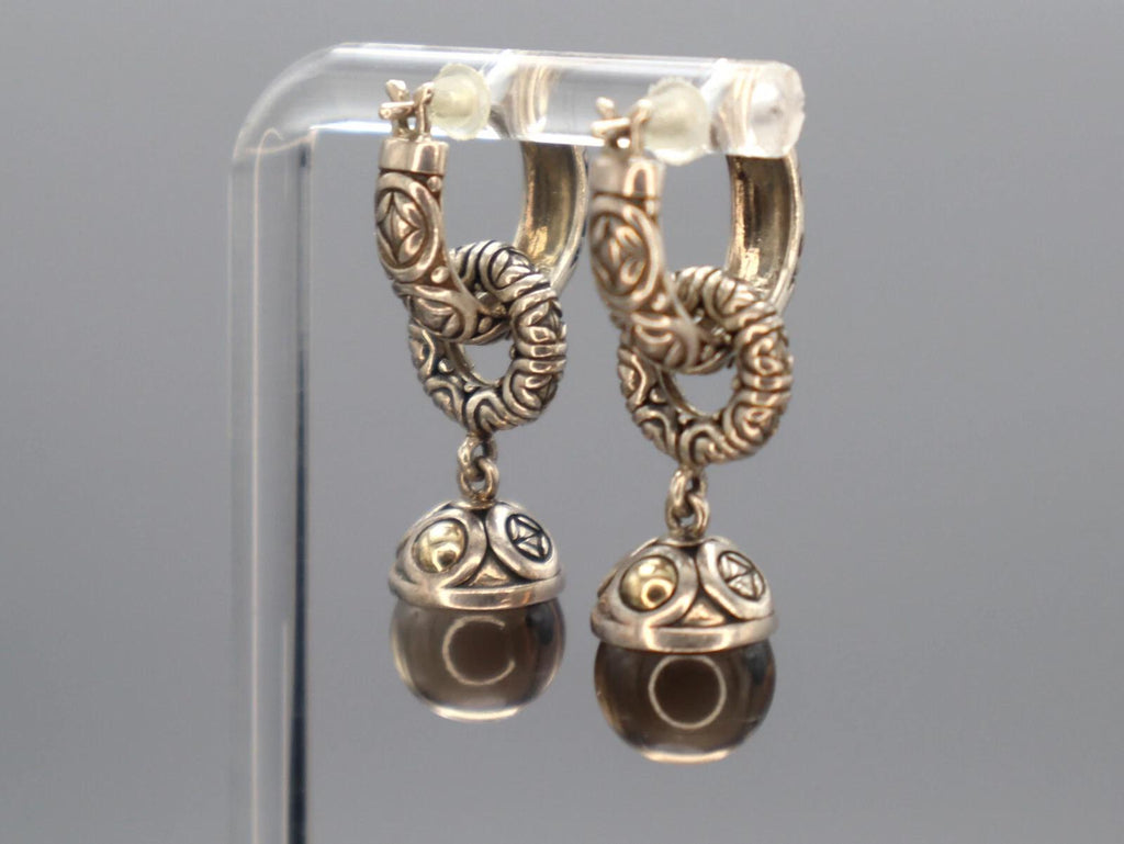 Vintage Jewelry, A 925 Sterling And 14 karats Yellow Gold Earrings, Round Smoky Quartz Ball Accent, Dangle Hook Earrings