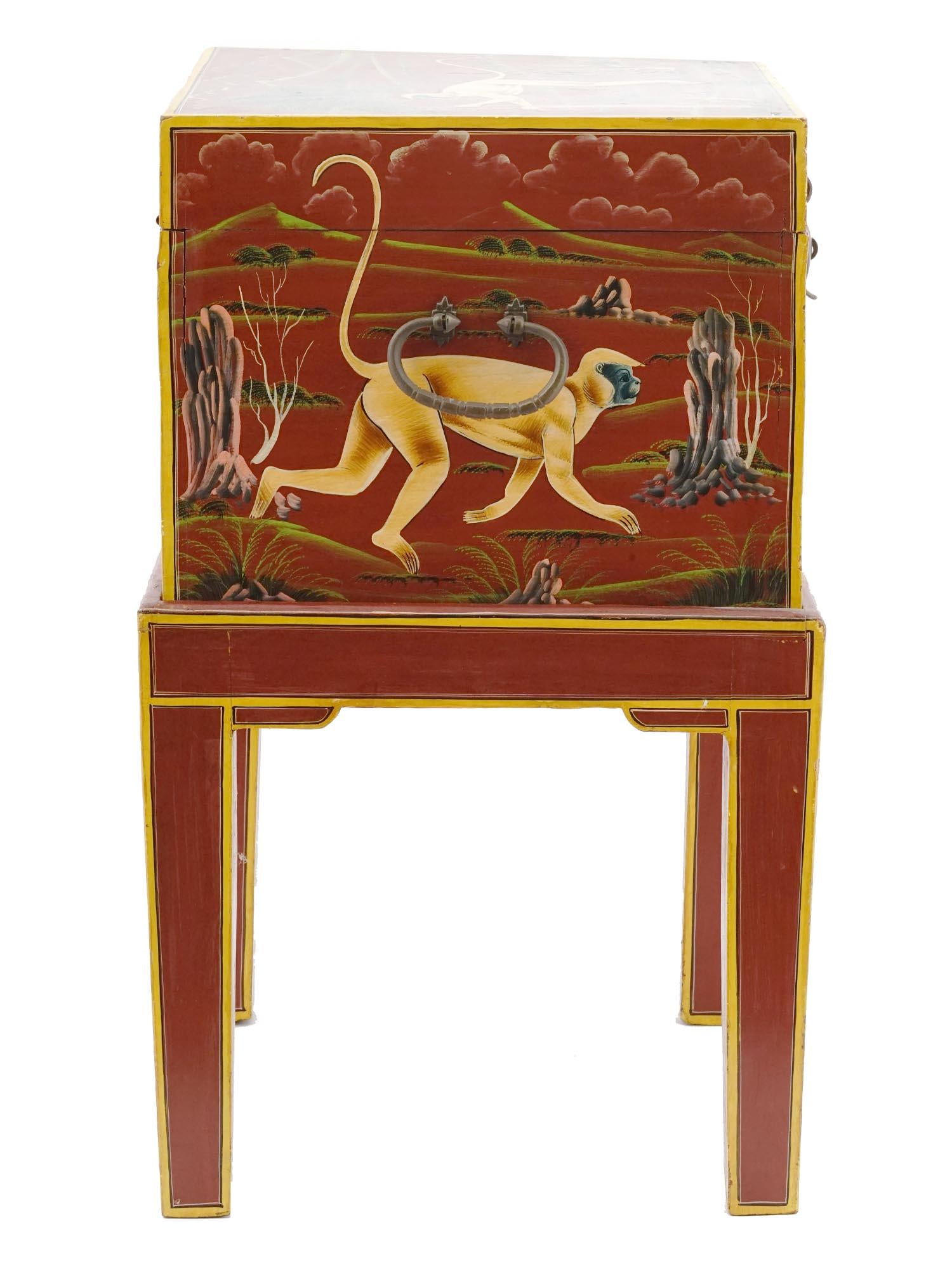 Small Wooden Lidded Cabinet Box Adorned With Oriental Folk Art, Hand Painted Rajasthan Monkeys, Vintage 1970s Chinoiserie Furniture