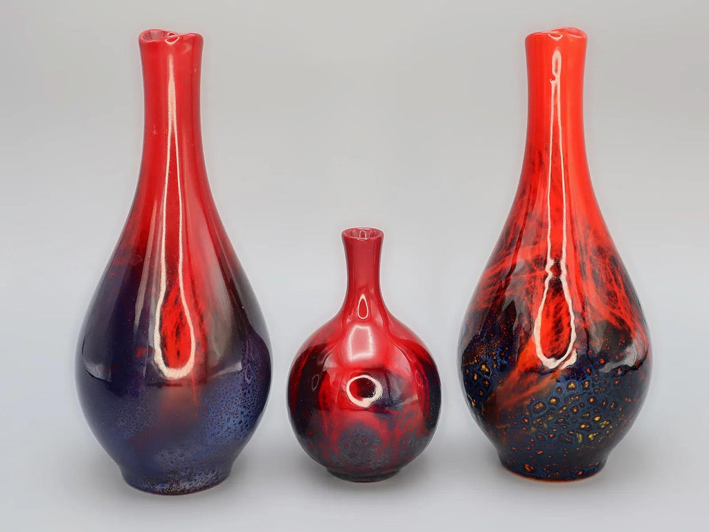 A Group Of 3 Flower Vases, Flambe Veined And Glazed Vases Made By Renowned English Pottery, Royal Doulton, Early 20th Century Pottery Art