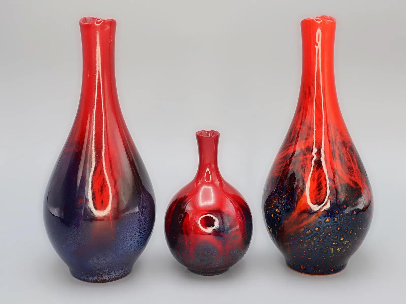 A Group Of 3 Flower Vases, Flambe Veined And Glazed Vases Made By Renowned English Pottery, Royal Doulton, Early 20th Century Pottery Art