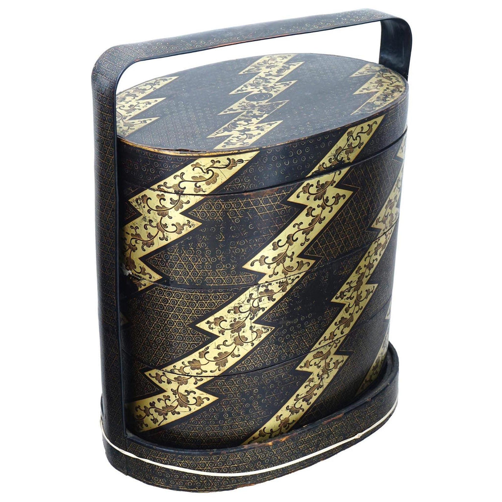 Antique 1900s Japan Meiji Bento Lacquer Wooden Box With Three Tiers, Black And Gold, Storage Hamper With Top Lid, Dry Food Nuts Container