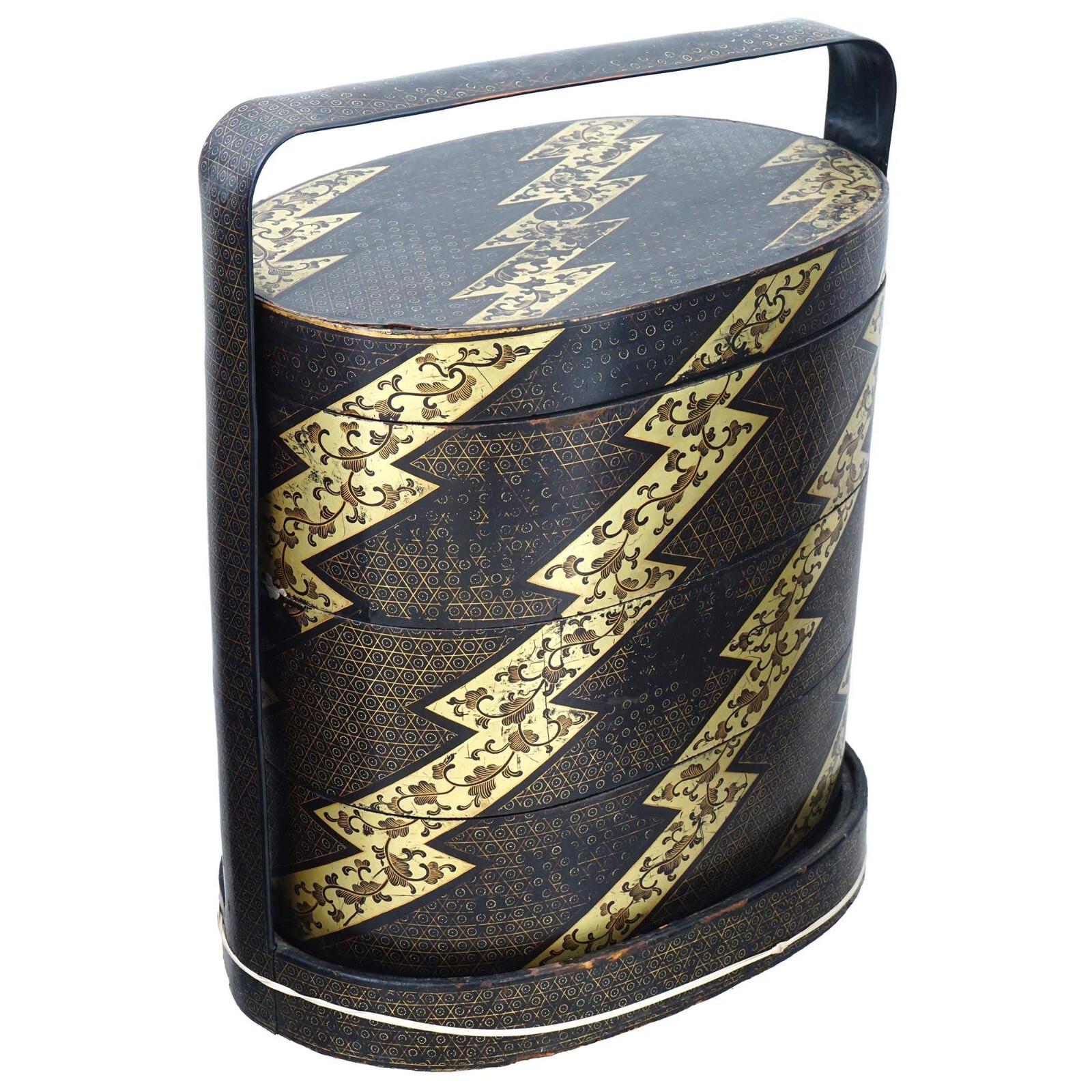 Antique 1900s Japan Meiji Bento Lacquer Wooden Box With Three Tiers, Black And Gold, Storage Hamper With Top Lid, Dry Food Nuts Container