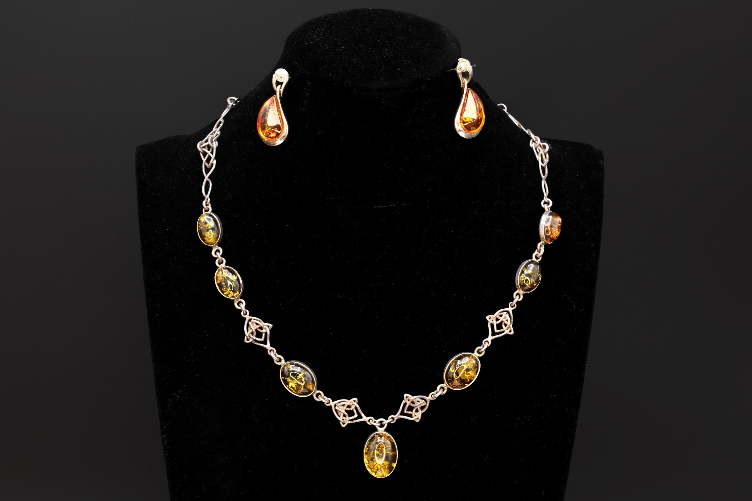 Baltic Amber And Sterling Silver Jewelry Set Arrangement, Irish Celtic Knot Necklace, Poland Drop Earrings, Vintage 1990s Modernist Design